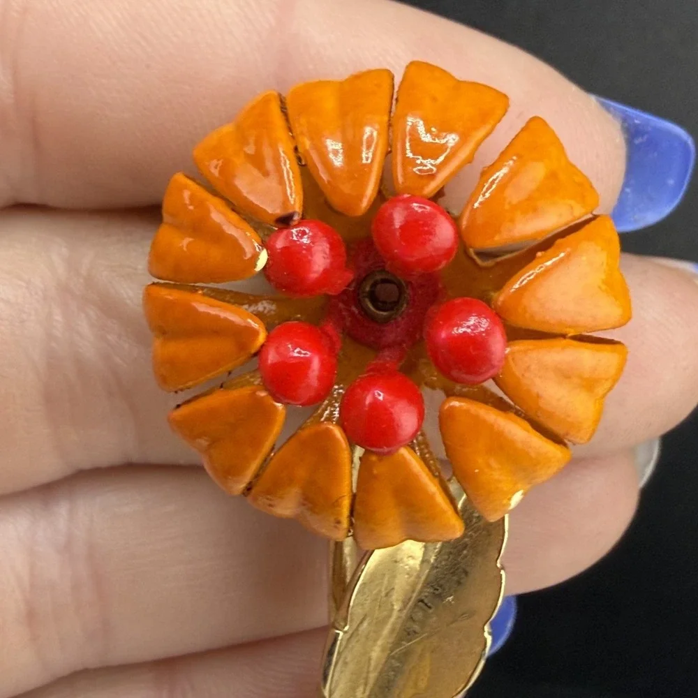 Vintage Enamel Flower Brooch‎ Orange MCM Mod 2